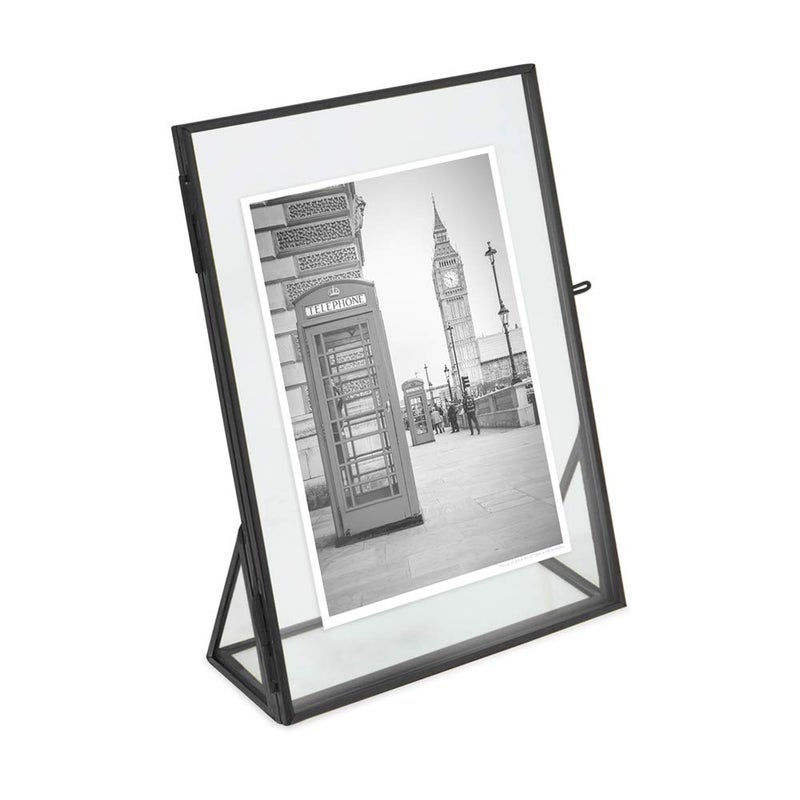 Isaac Jacobs 5x7, Black, Vintage Style Brass and Glass, Floating Photo Frame, Metal, (Vertical), with Locket Closure and Angled Base, for Pictures, Art, Mementos, Keepsakes (5x7, Black) - Image 1